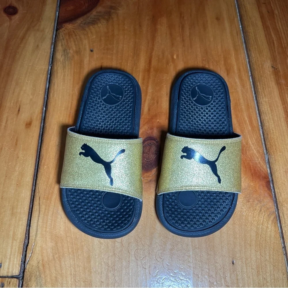 Youth Puma Black & Gold Shimmer Slides